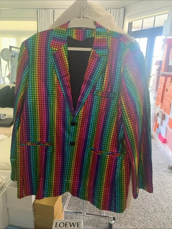 Colorful Rainbow Grid Men's Blazer. 3XL