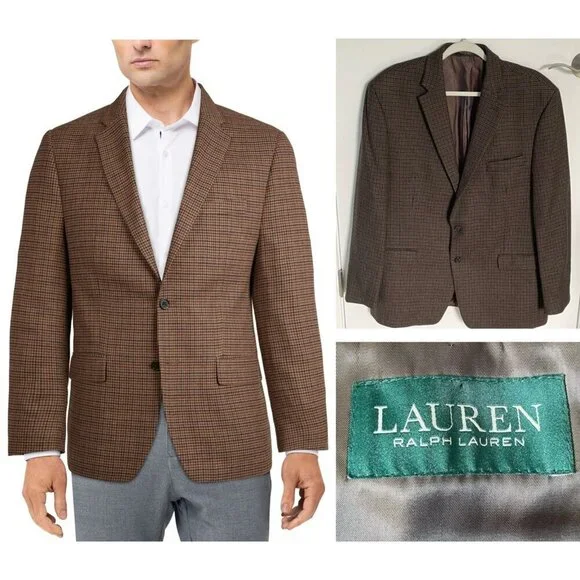 Lauren Ralph Lauren Brown Wool Houndstooth Sport Coat Blazer Jacket 47159
