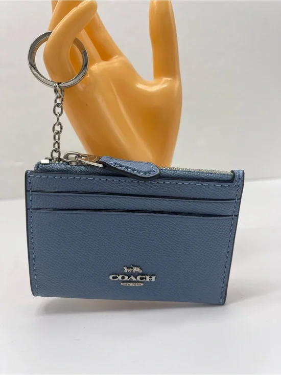 Coach Mini Skinny Crossgrain Leather Id Card Zip Closure Case Silver/Slate NWT