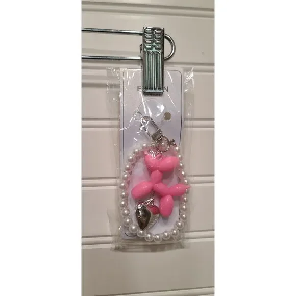 Dark Pink Balloon Dog Keychain w/ Silver Heart & Pearls | Cute Charm Accessory