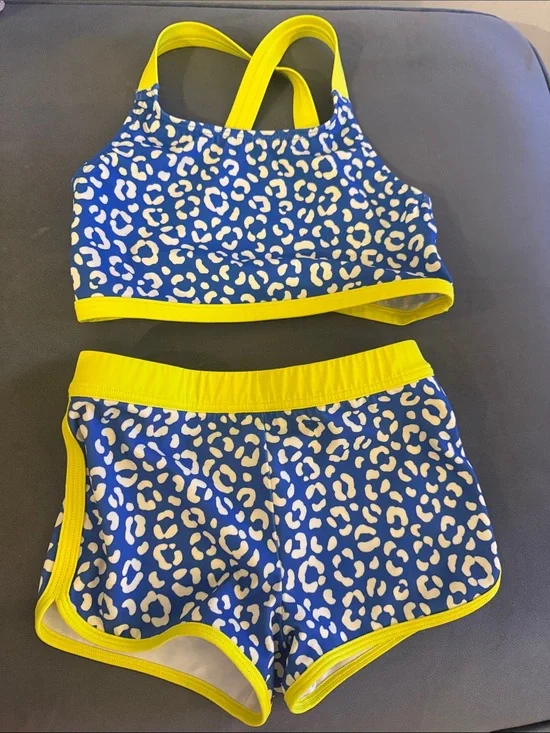 Mini Boden Blue and Yellow Leopard-Print Girls Two-Piece Swim Set