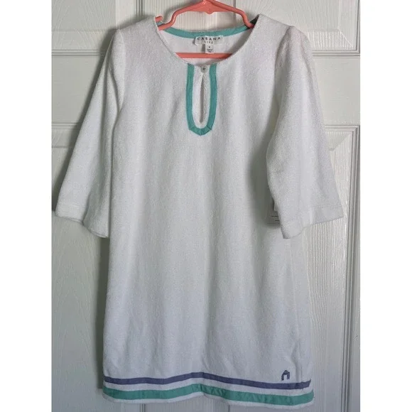 NEW Cabana Life Swim Cover Up 6 White Terry Cloth UPF 50+ Striped Trim