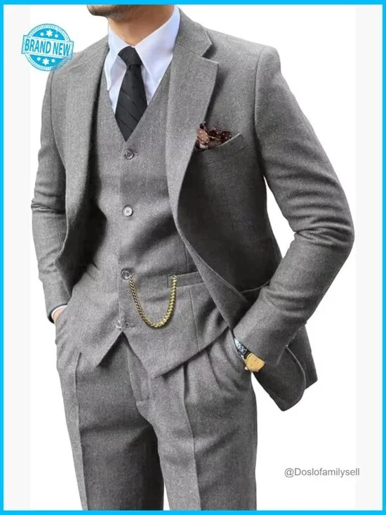Retro Tweed Herringbone Men's Suit Slim Fit 3 Piece Set Blazer Vest Pants