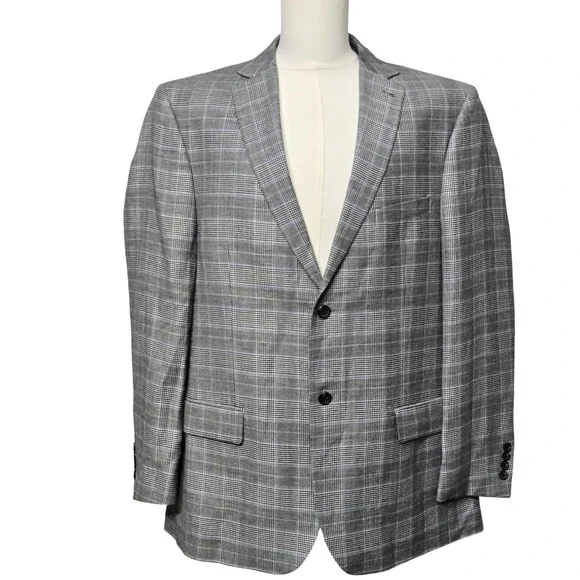 TravelSmith Blazer Mens Large Gray Plaid 2 Button Sport‎ Coat Jacket Classic Fit