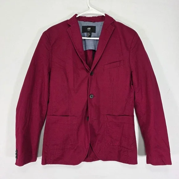 H&M Men's‎ Sport Coat Blazer Two Button Maroon Cotton Linen Blend Size 36R Slim