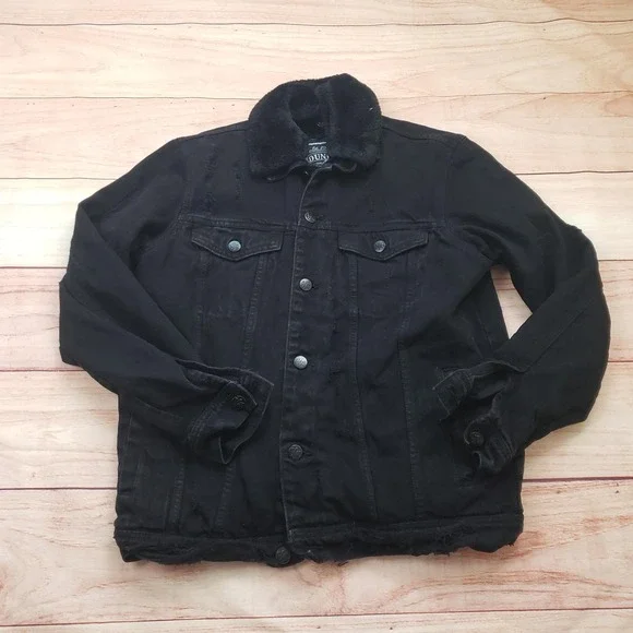 YoungLA Jacket Mens Medium Black Denim Trucker Sherpa Collar Distressed Faux Fur