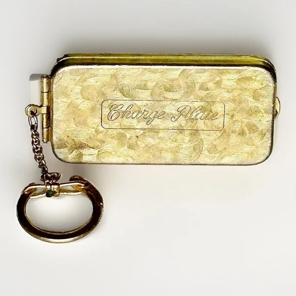 Vintage Gold Tone Charge Plate Holder Keychain Case Red Velvet Lining 1950s.