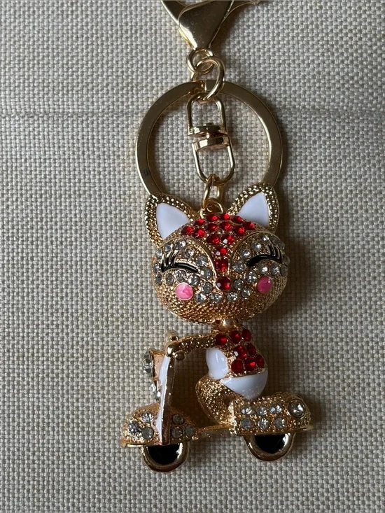 Gold-tone Crystal Cat Keychain Charm