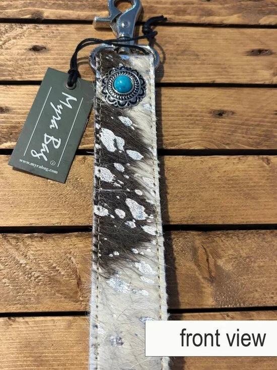 Myra Black & White Cowhide Key Fob, Turquoise Concho Western Key Holder