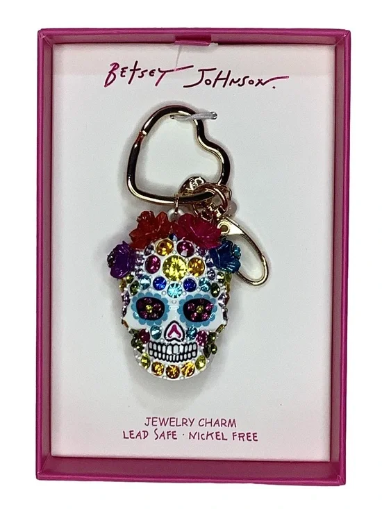 Betsey Johnson Sugar Skull Jeweled Bag Charm Keychain New