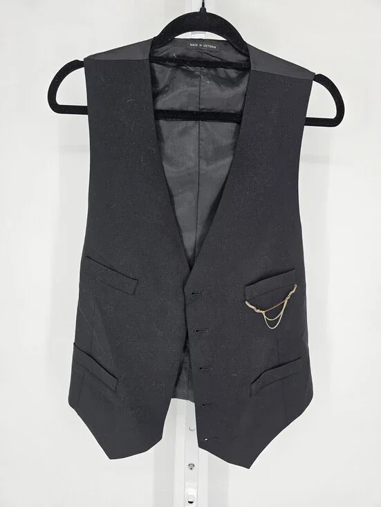 Kenneth Cole Reaction Mens Sz M Suit Vest Black w/ Gold Silver Skull Steampunk