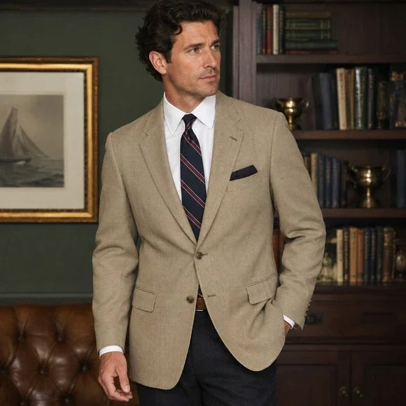 Chaps‎ Silk Wool Micro Check Sport Coat Blazer Tan Brown Men's 48L Classic Prep
