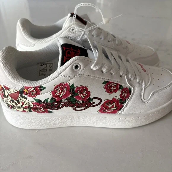 Ed Hardy Women's White Court Sneakers Red Rose Tattoo Graphic 7.5 Skater Shoes