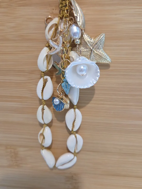 Boho Coastal Cowrie Shell Bag Charm & Keychain with Gold Starfish & Pearls 🌊🐚✨