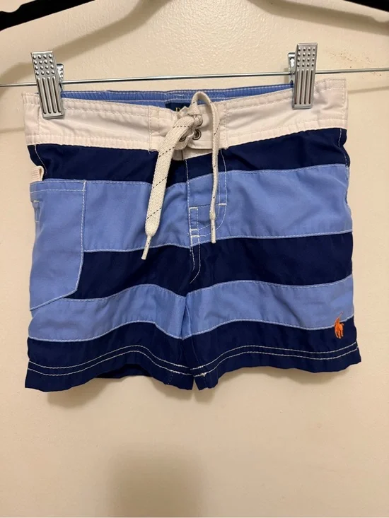 Polo by Ralph Lauren Navy and Light Blue Striped Kids Swim Trunks