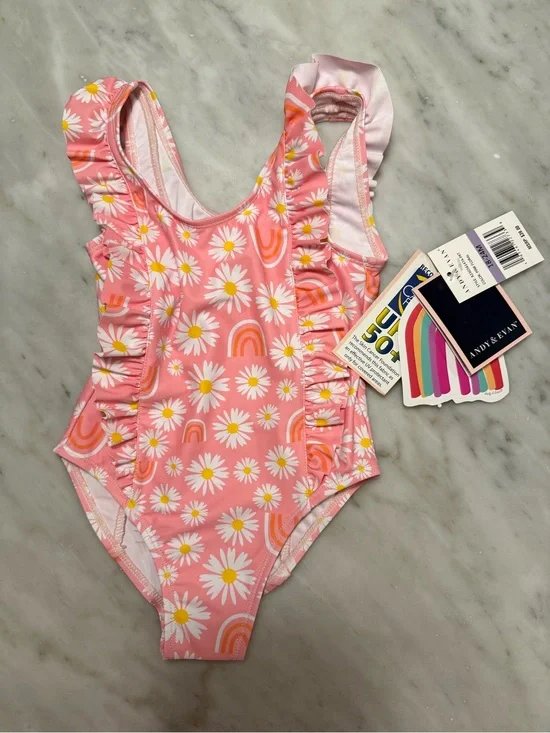 NWT Andy & Evan Girls Pink Daisy Rainbow Ruffle One-Piece Swimsuit 18-24mo
