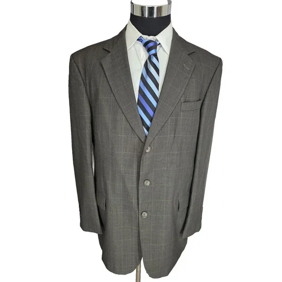 Stafford Blazer Mens 44L Brown Glenplaid Sports Coat Jacket 3‎ Buttons Wool