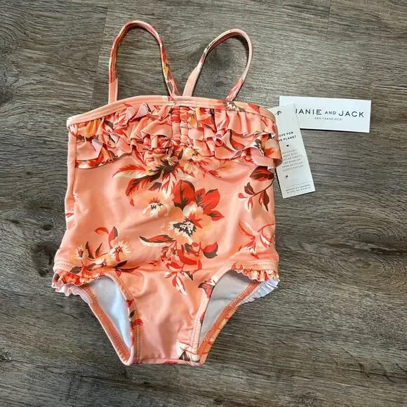 NWT Janie and Jack Girls 6-12 Months Swimsuit One Piece Orange Floral Swim