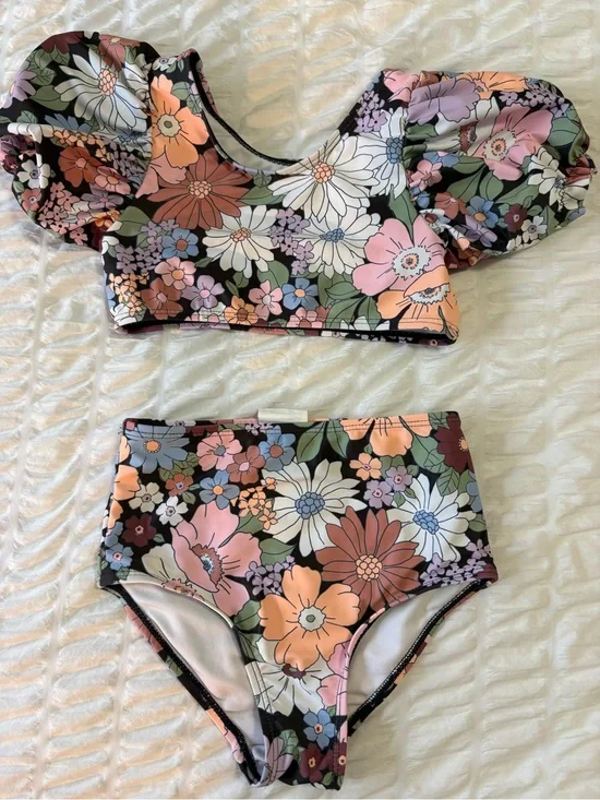 Cotton On Floral Puff-Sleeve Kids Bikini in Black, Pink, Peach & Green