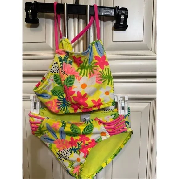 Art Class Girls Floral Tropical Two-Piece Bikini Set Yellow Pink Sz Large 10-12