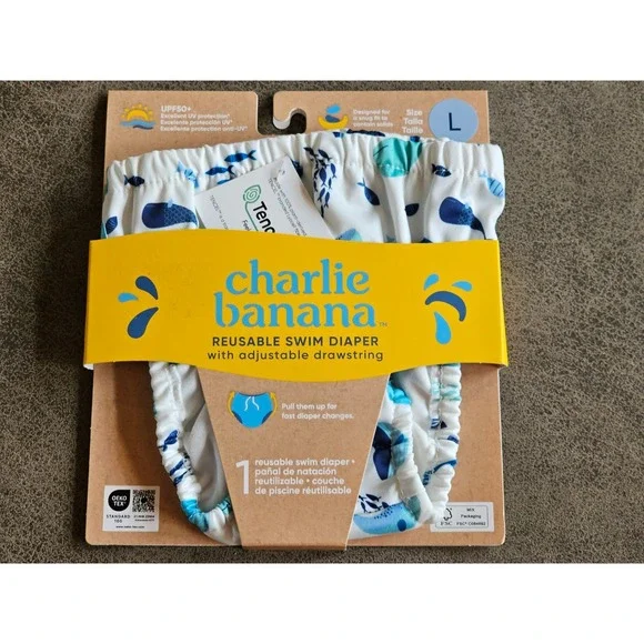 Charlie‎ Banana Swim Diaper Large (22-34lbs) Reusable Whale Fish on White NEW