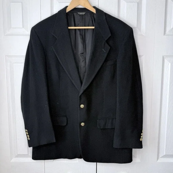 WALLACHS 100% Camel Hair Blazer Black Gold Buttons Sport Coat Mens‎ 44 Old Money