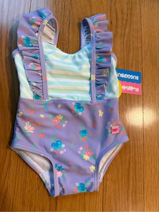 Ruffle Butts Lavender Floral Ruffle-Shoulder One-Piece with Mint Stripes