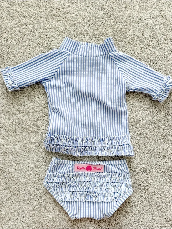 Ruffle Butts Blue & White Striped One-Piece Swim Set with Ruffles 6-12mo