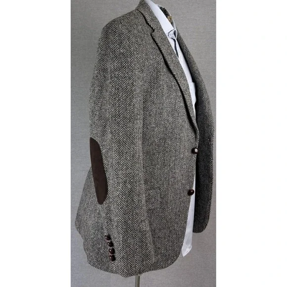 Bespoke Harris Tweed Wool Herringbone Blazer Elbow Patch Mens 42R Grey