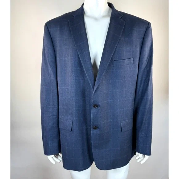 Ralph Lauren Silk Wool Blazer Mens 52L‎ Plaid Lined 2-Button Double-Vented Blue