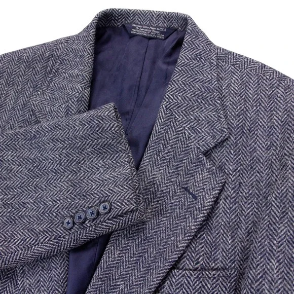 VTG Harris Tweed Lands End Mens 41R Blue Blazer Jacket Wool‎ Herringbone USA
