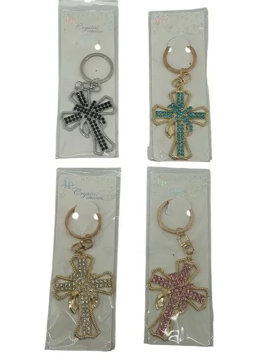 Crystal Rhinestone Cross Keychain Purse Charm Gold Silver Pink Blue NWT