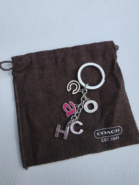 Y2K Coach Silver Key Ring with Pink Letter Charm Rhinestone Enamel