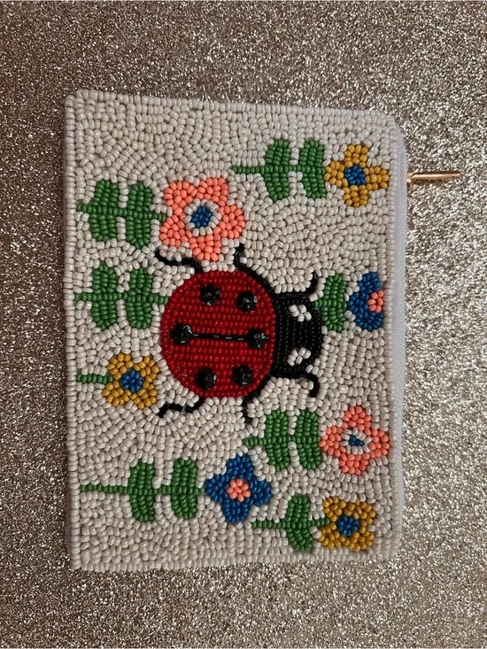 Beaded Ladybug Floral Coin Pouch - Red, White, Green, Blue, Pink, Yellow
