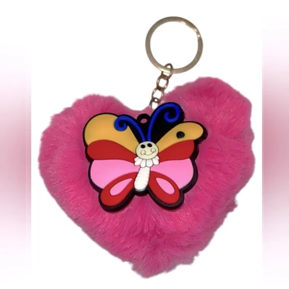 FUZZY DARK PINK HEART BUTTERFLY KEYCHAIN