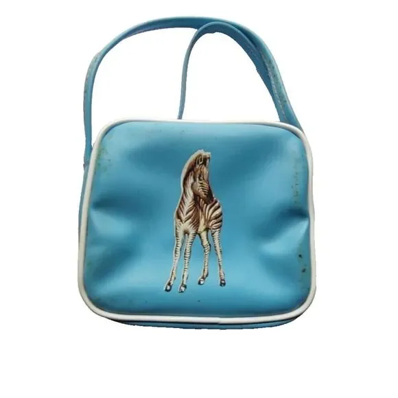 Zebra Childs Vintage Handbag Vinyl Strap Purse Bag Vintage Sky Blue Retro Kitsch