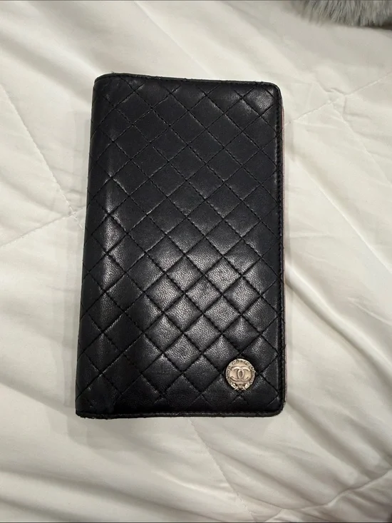 CHANEL Black Quilted Leather Long Wallet with Gold CC Emblem