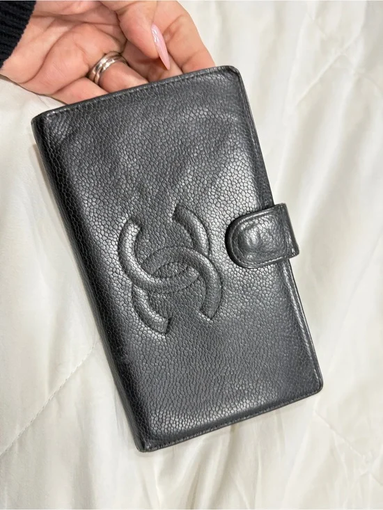 CHANEL Black Caviar Timeless Wallet Leather Snap Credit Card Organizer VINTAGE