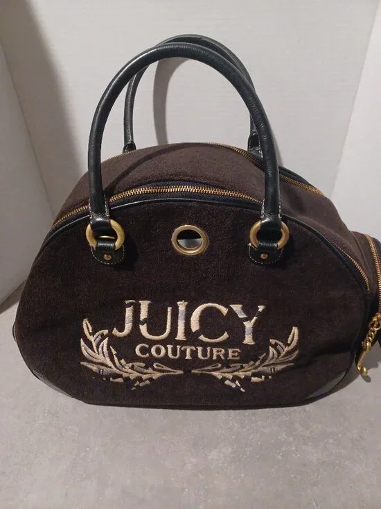 Share Vintage Juicy Couture Dog Carrier Bag Y2K Brown Velour Leather Trim