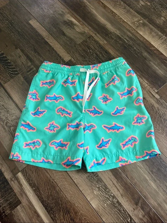 chubbies Mint Swim Trunks with Blue and Pink Shark Print
