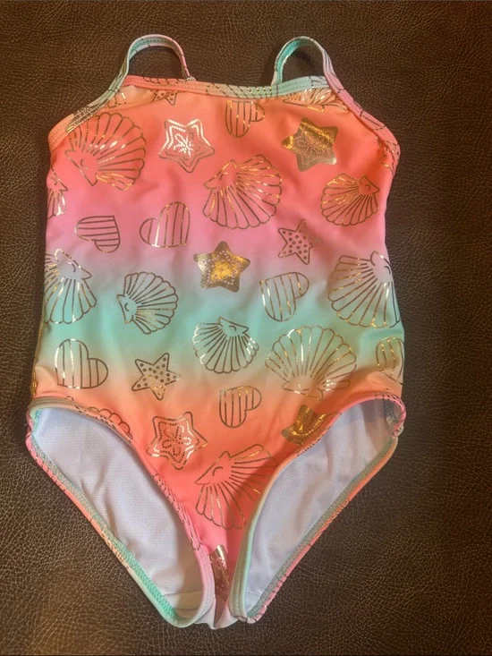 btween Coral Pink to Aqua Gradient One-Piece Swimsuit with Gold Shell Accents