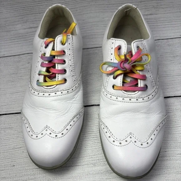 FootJoy LoPro Golf Shoes Comfort Wingtip White Leather Rainbow Laces Size 7.5M