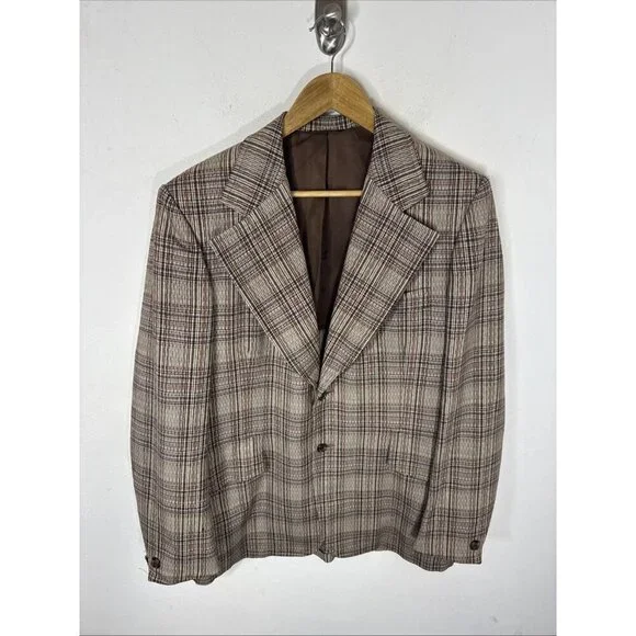 Vintage 70s Men’s Plaid Blazer Brown Orange Check‎ Sport Coat Size 40 WKRP Style