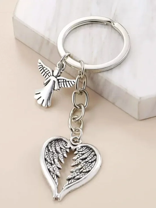 Silver Angel Wing Heart Keychain memorial gift 717