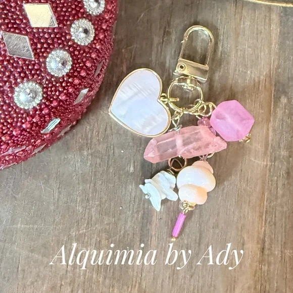 Raw cherry quartz +Gold & Heart Shell Charm Key Holder + Memories from LA PLAYA