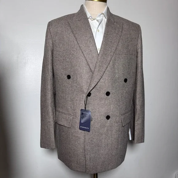 StudioSuits Blazer Mens 46R Brown Herringbone Double Breasted Wool‎ Blend Jacket