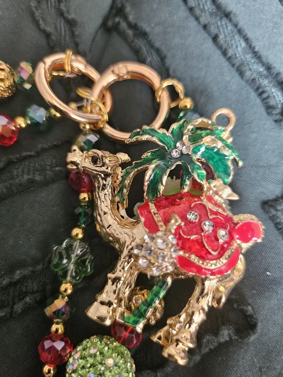 Gold-Tone Camel Palm Tree Charm Necklace with Red and Green Enamel