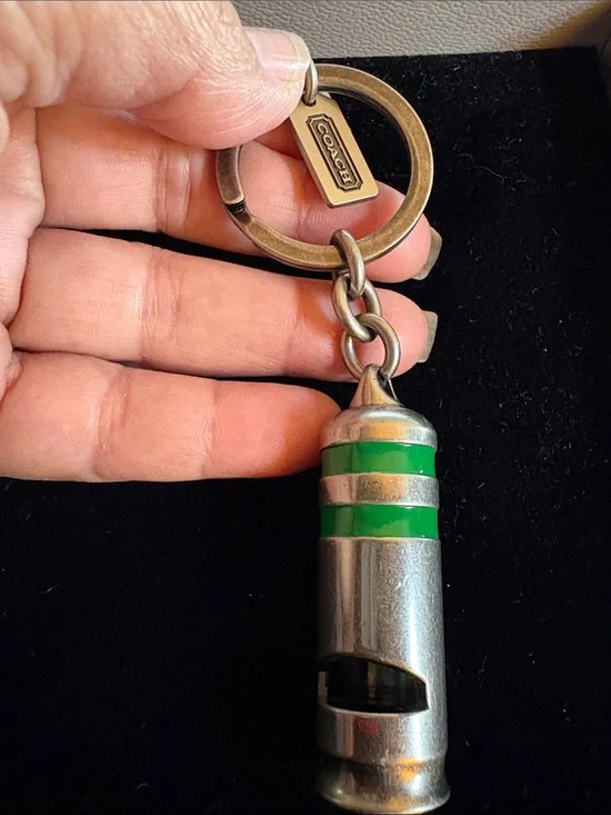 Coach Silver-tone Military Style Whistle Keychain with Green Stripes