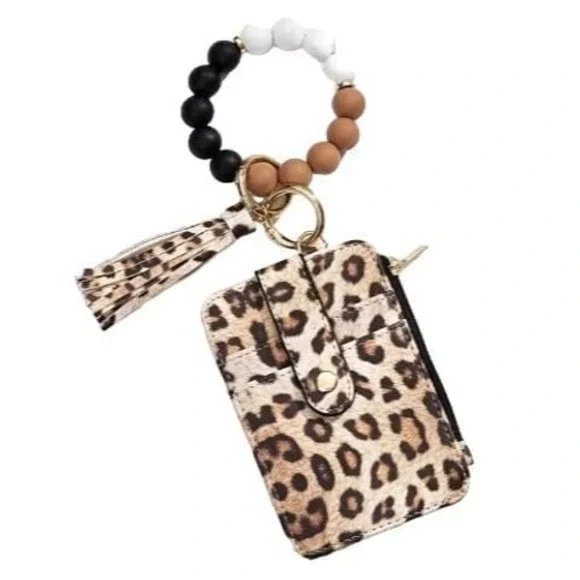 Leopard Print Card Holder Wallet Wristlet With Tassel & Beaded Bracelet Keychain