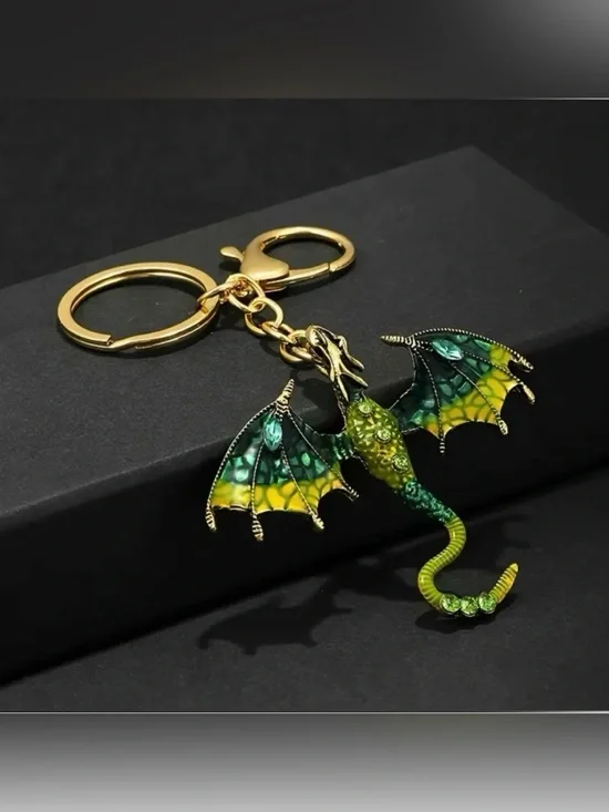 Dragon Bag Charm Keychain with Key Ring for Purse Handbag Green Rhinestone New